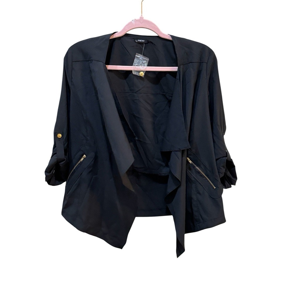 Poetry Lightweight Draped Blazer Size Small 80's Moto Black Asymmetrical Open